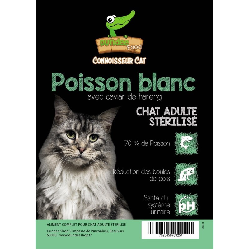 Alimentation chat stérilisé avec croquettes au poisson blanc
