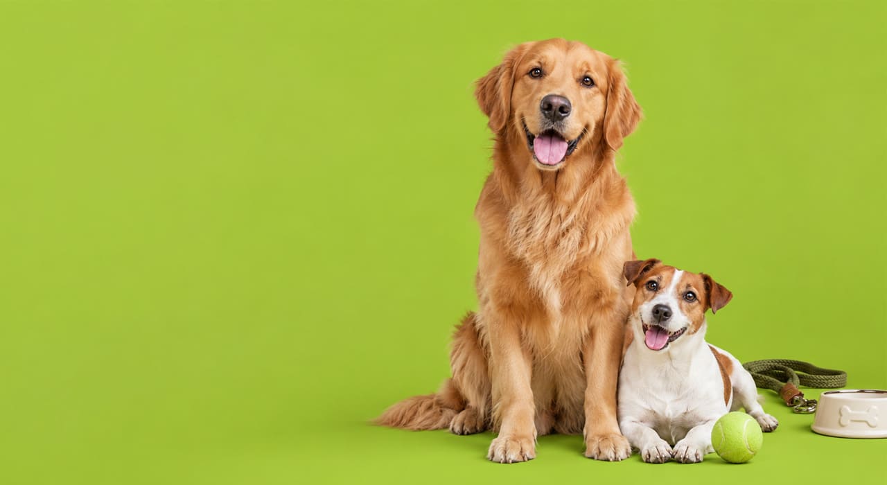 Chien avec accessoires, jouets et alimentation pour chiens