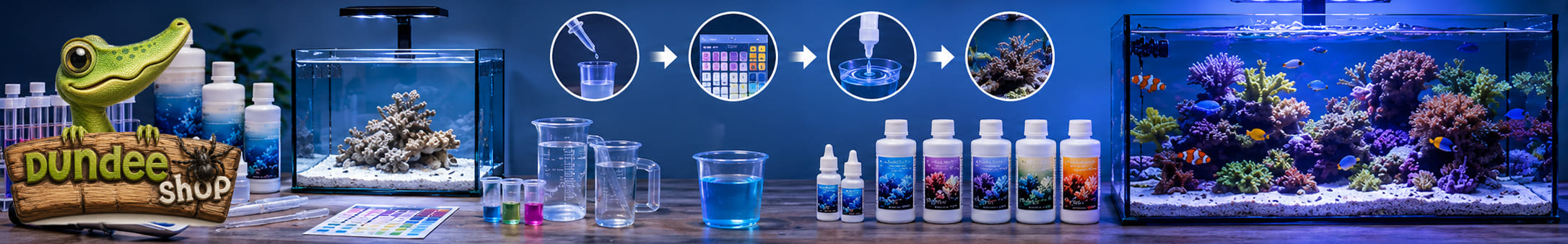 Série de tests d'eau de mer et correcteur KH devant un aquarium récifal