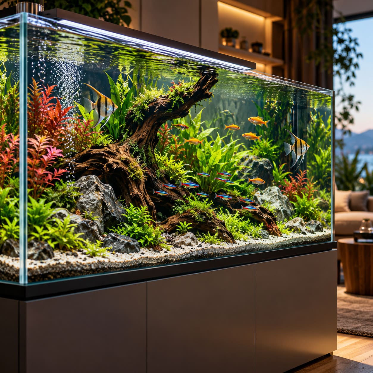 Aquarium d'eau douce planté avec poissons tropicaux et décor naturel