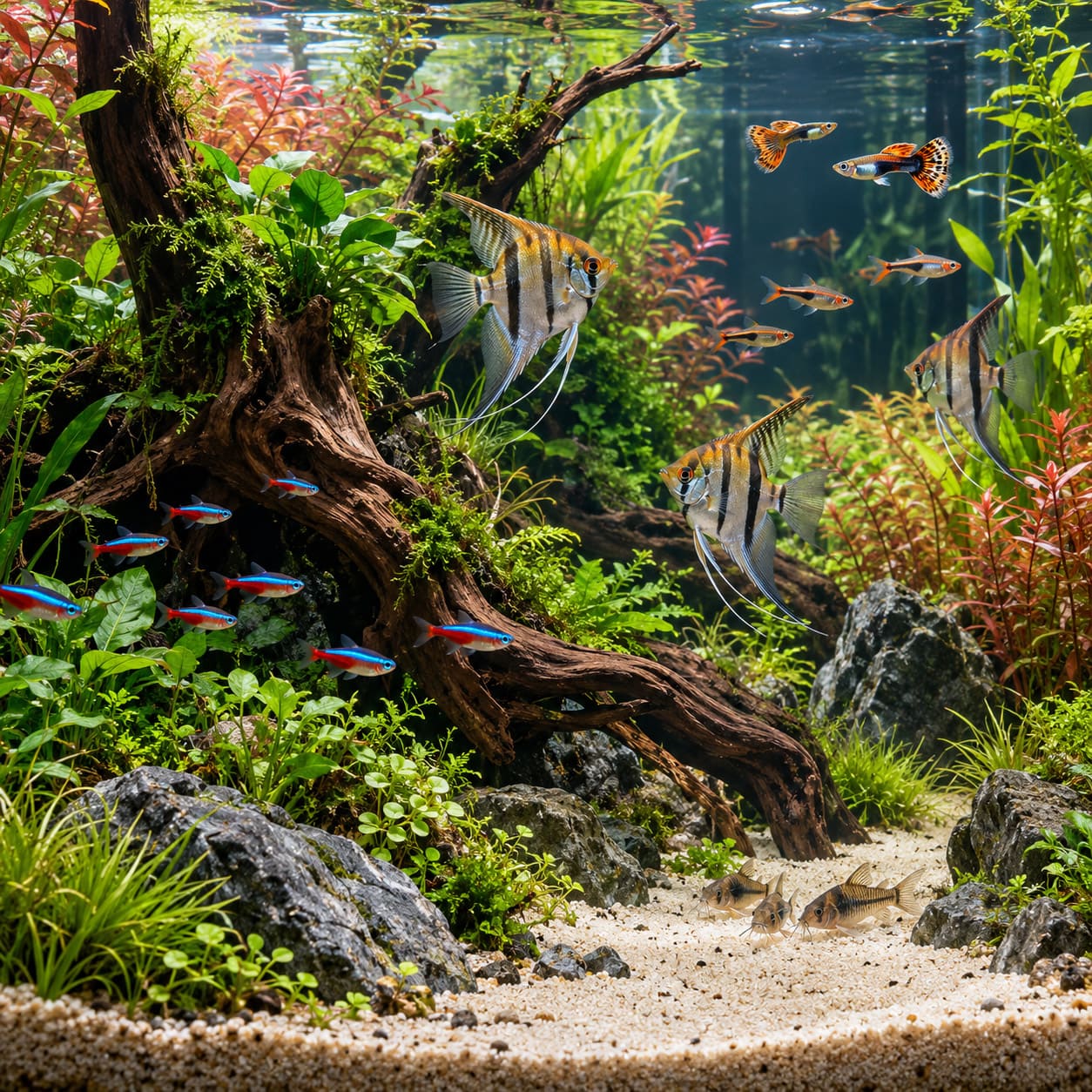 Aquarium d'eau douce planté avec grotte en céramique et crevettes