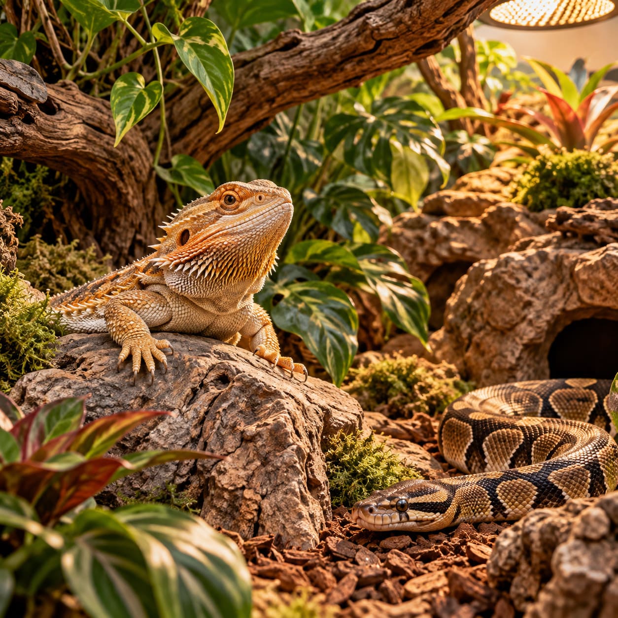 Gecko léopard posé sur une roche dans un terrarium désertique
